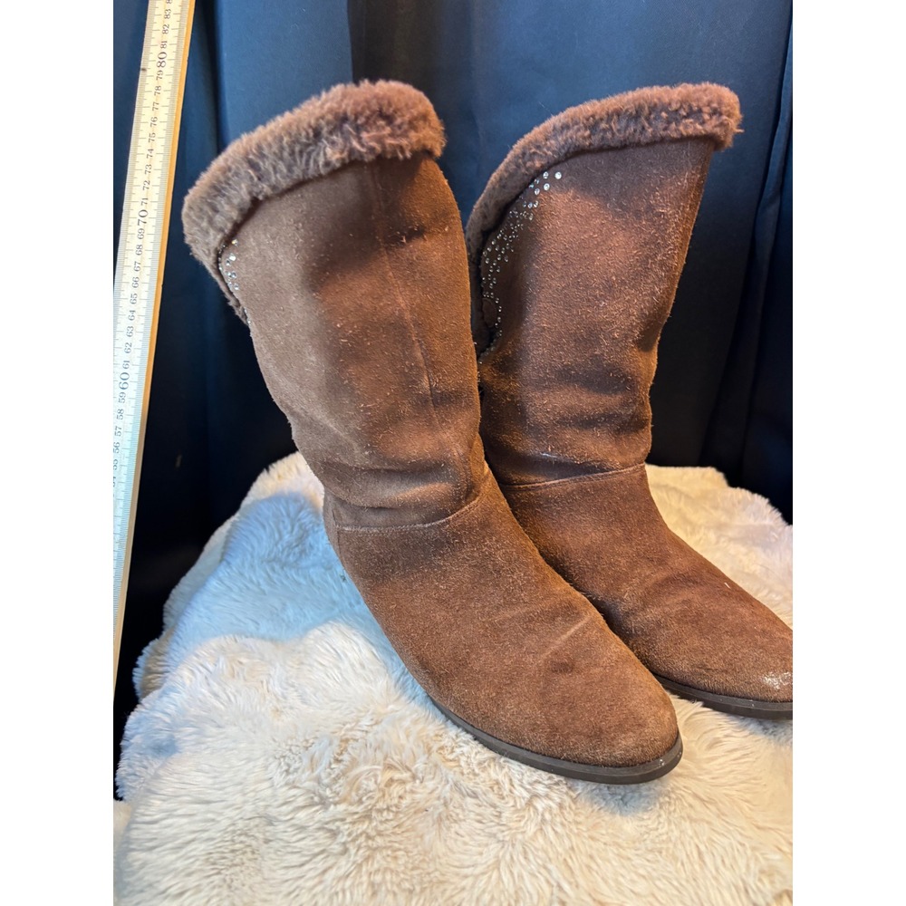 Top Gloria Brown Suede Faux Fur Rhinestone Toggle Mid Calf Boots Size 37